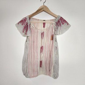 Free People Women's Small Beige Aztec Striped Scoop Boho Tassel Fringe Top Shirt